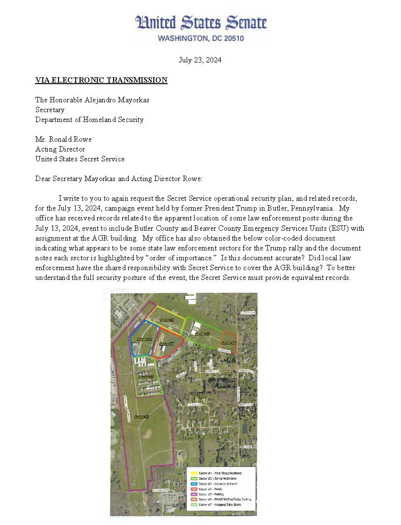 Letter sent to Alejandro Mayorkas Secretary of Department of Homeland Security and Acting Director of the Secret Service Ronald Rowe.